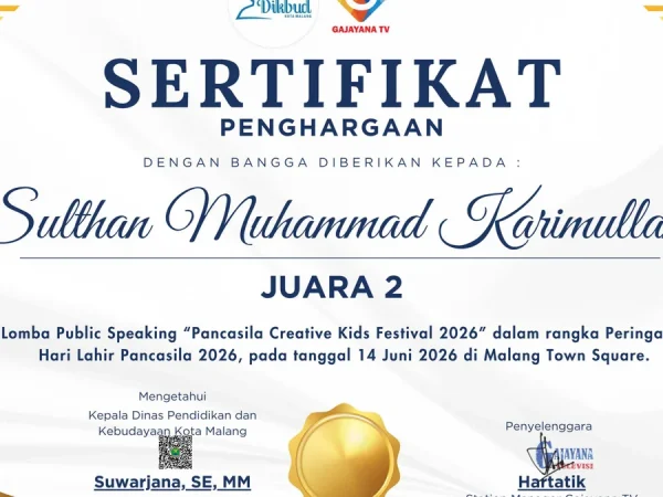 Piawai Berorasi di Panggung Publik, Sulthan Muhammad Karimullah Raih Juara 2 Public Speaking Competition Disdik Kota Malang 2026