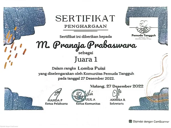 Ekspresi Sastra Menggugah, R. Muhammad Pranaja Raih Juara 1 Lomba Baca Puisi Pemuda Tangguh 2022
