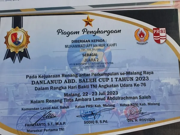 Prestasi Perdana Perenang Cilik: M. Affan Nur Kahfi Raih Juara 2 Kejuaraan Renang Danlanud Abd. Saleh Cup 2023