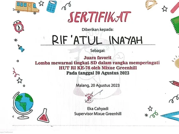 Kreativitas Artistik Sejak Dini: Rif’atul Inayah Raih Juara Favorit Lomba Mewarnai 2023