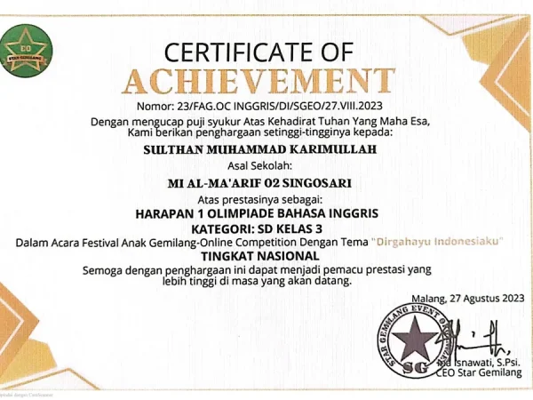 Kompetensi Bahasa Inggris Sejak Dini: Sulthan Muhammad Karimullah Raih Harapan 1 Olimpiade Star Gemilang 2023