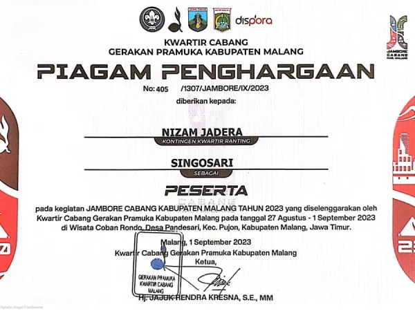 Mewakili Kontingen Singosari, Pramuka Penggalang MIA 02 Nizam Jadera Sukses Ikuti Jambore Kwarcab Malang 2023
