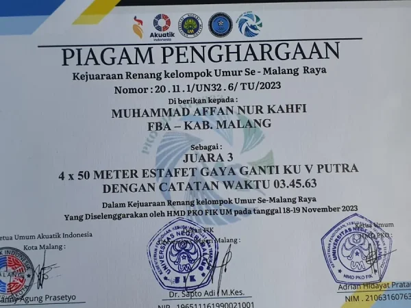 Adu Kecepatan di Kolam Renang FIK UM, M. Affan Nur Kahfi Raih Juara 3 Kejuaraan Renang Mahasiswa FIK 2023