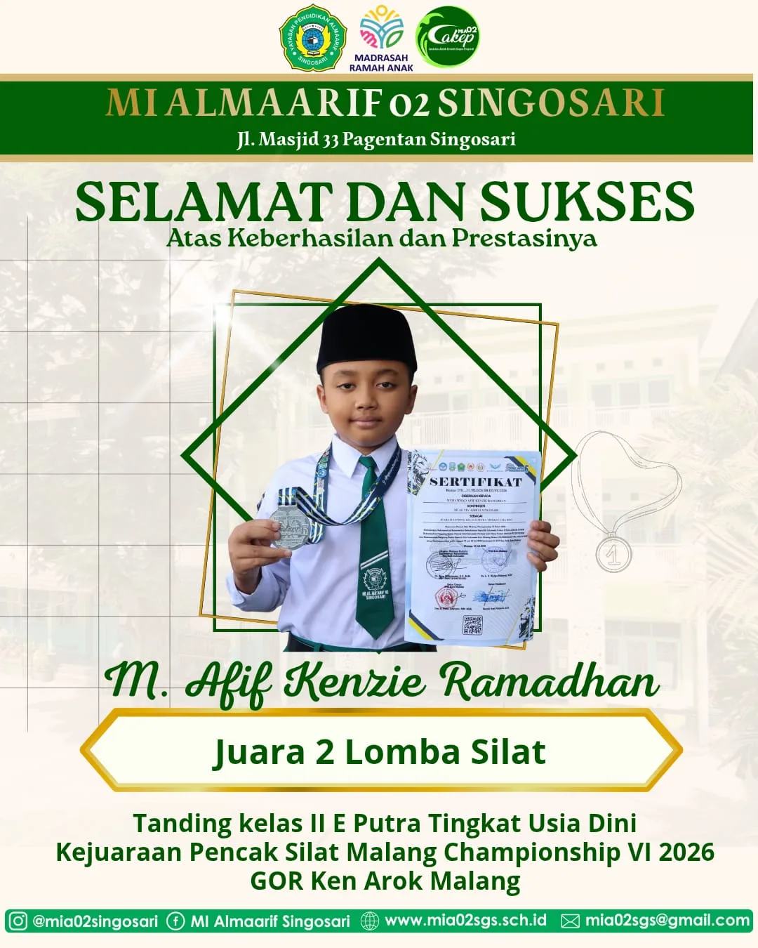 Muhammad Afif Kenzie Ramadhan Kelas 5B Juara 2 Pencak Silat Nasional IPSI Kota Malang
