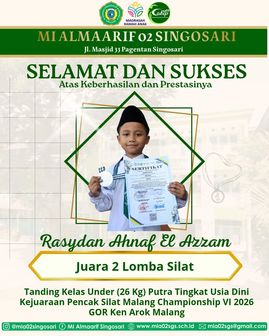 Rasydan Ahnaf El Azzam Kelas 2B Juara 2 Pencak Silat Nasional IPSI Kota Malang