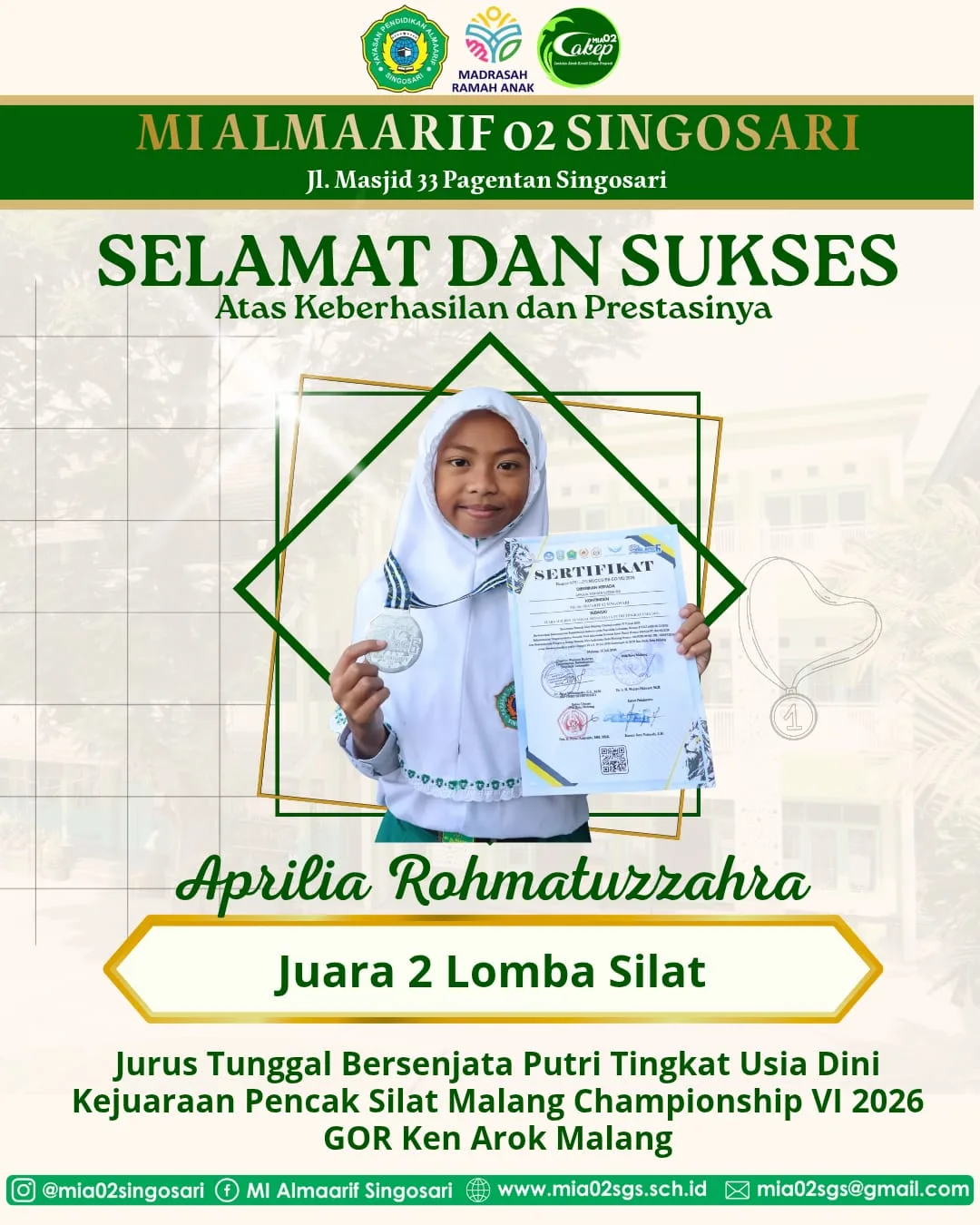 Aprilia Rohmatuzzahra Kelas 5A Pesilat Berprestasi MI Almaarif 02 Singosari