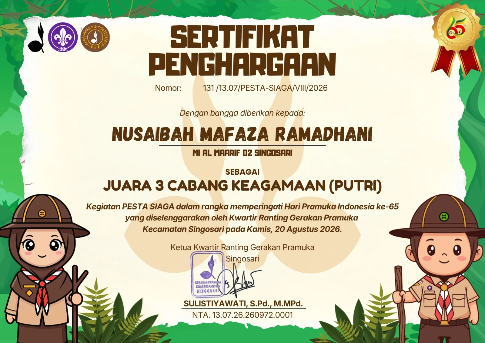 Sertifikat Juara 3 Lomba Tartil Al-Quran Nusaibah Mafaza Ramadhani Kwarran Singosari