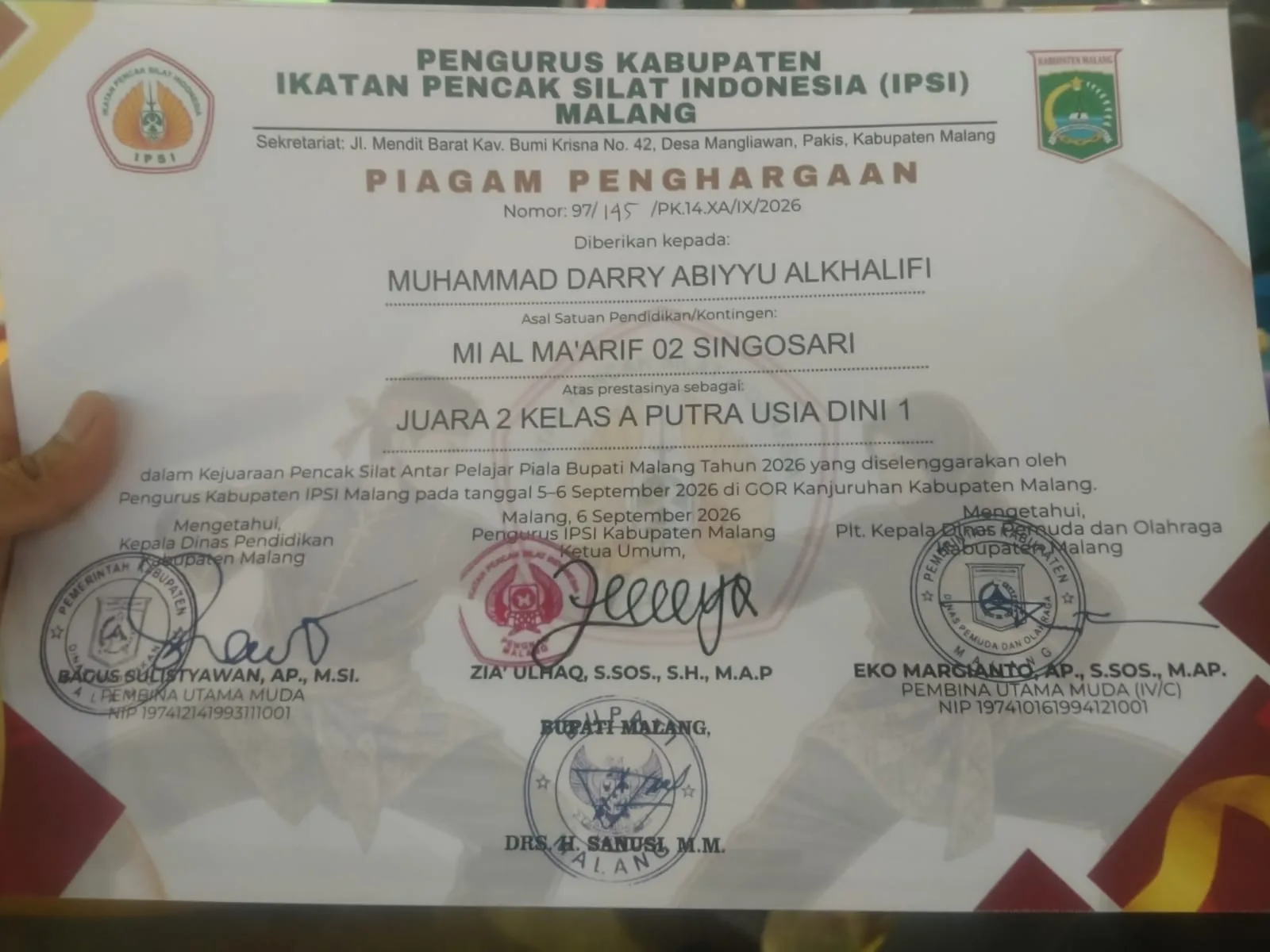 Piagam Penghargaan Juara 2 Pencak Silat Piala Bupati Malang 2026 Muhammad Darry Abiyyu Alkhalifi