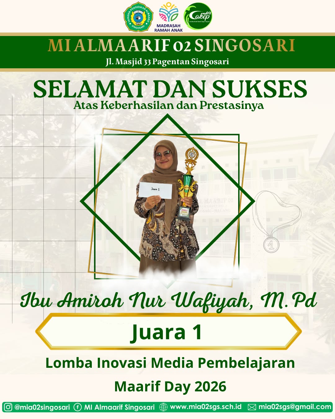Ibu Amiroh Nur Wafiyah, M.Pd Juara 1 Inovasi Media Pembelajaran Kabupaten Malang