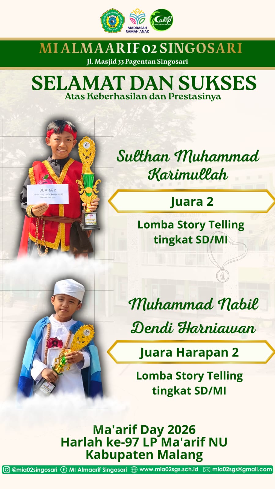 Sulthan Muhammad Karimullah dan Muhammad Nabil Dendi Harniawan Juara Story Telling SD/MI Kabupaten Malang