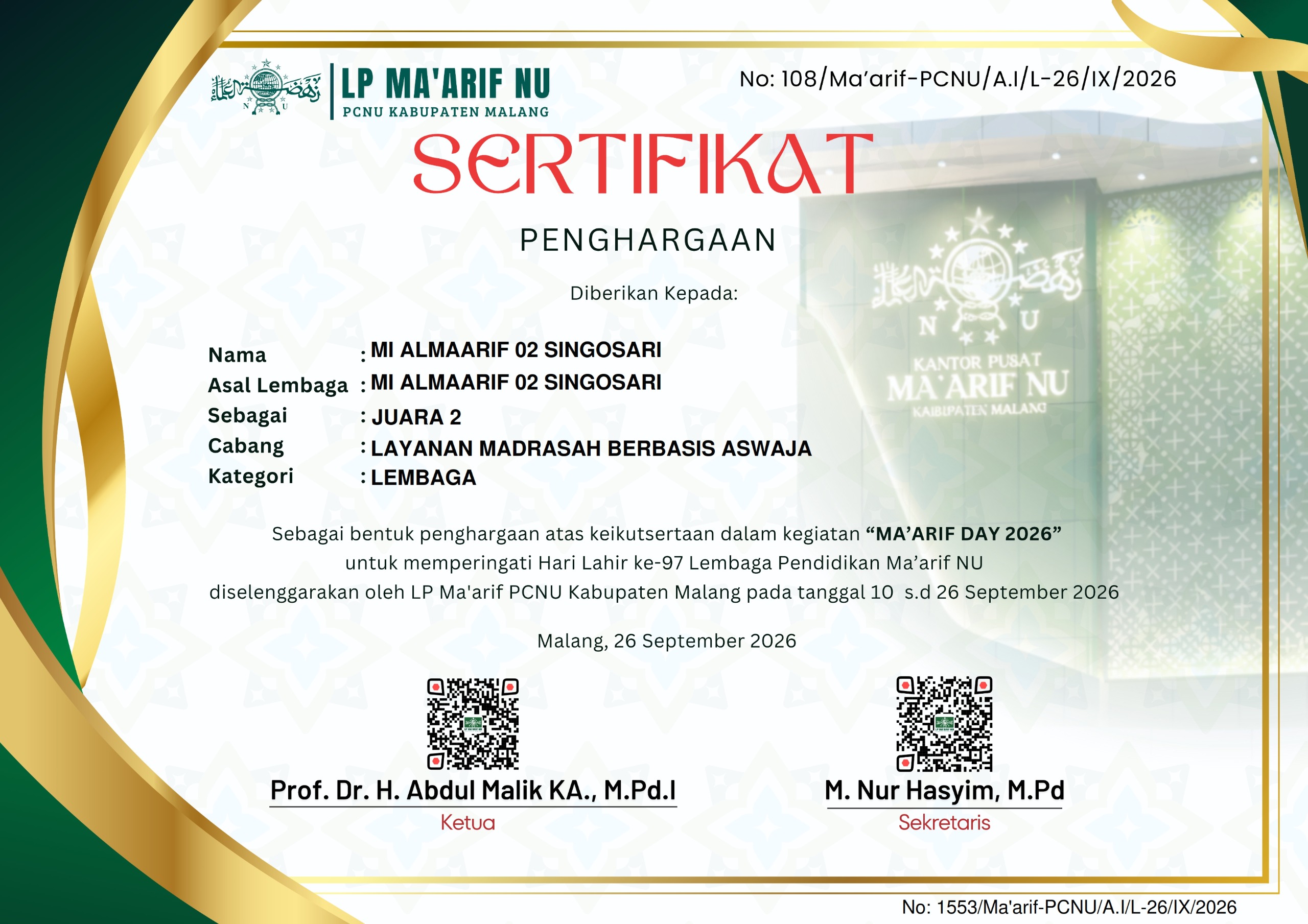 Sertifikat Juara 2 Layanan Madrasah Berbasis Aswaja MI Almaarif 02 Singosari Ma'arif Day 2026