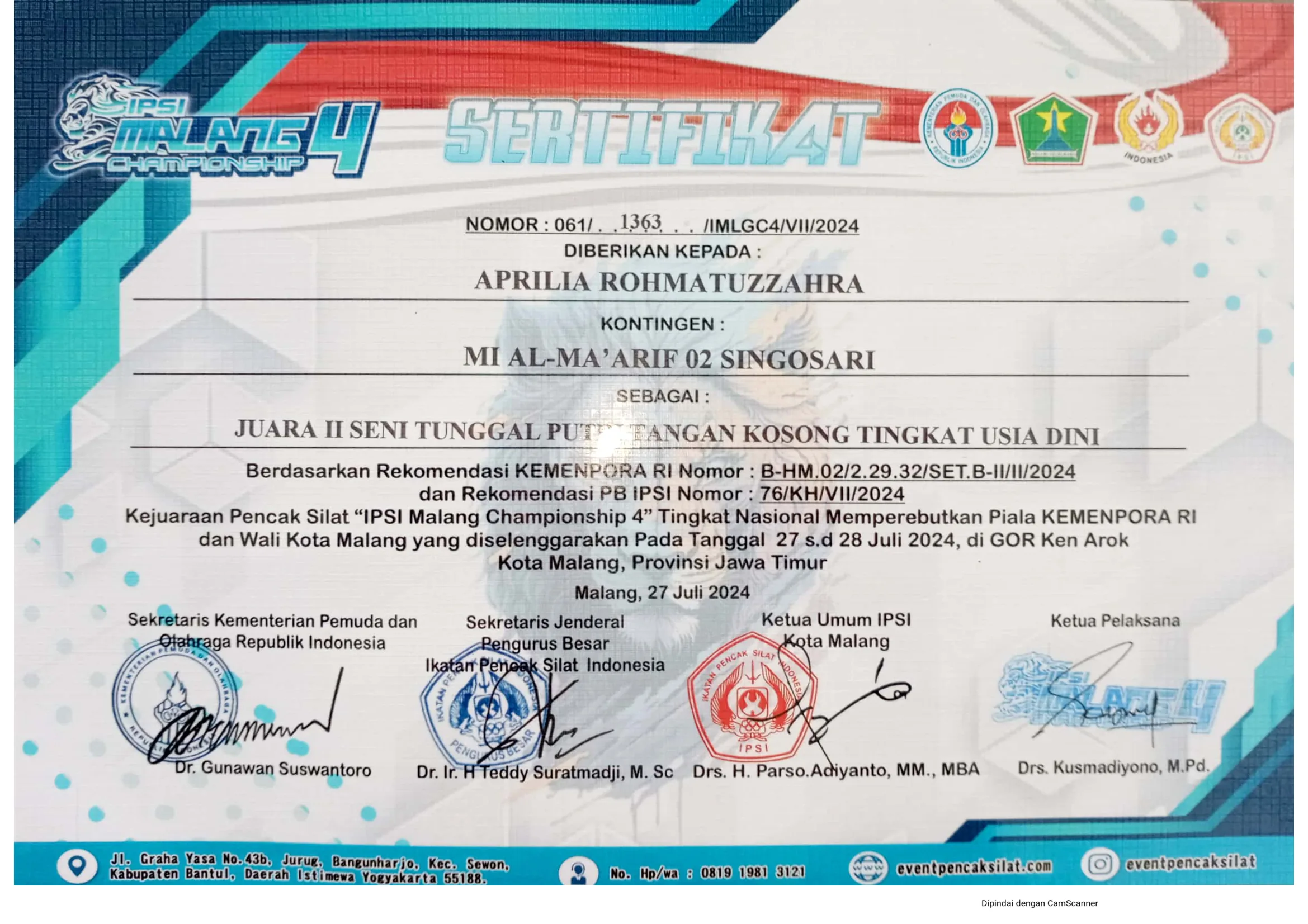 Dokumentasi Prestasi Aprilia Rohmatuzzahra Pencak Silat