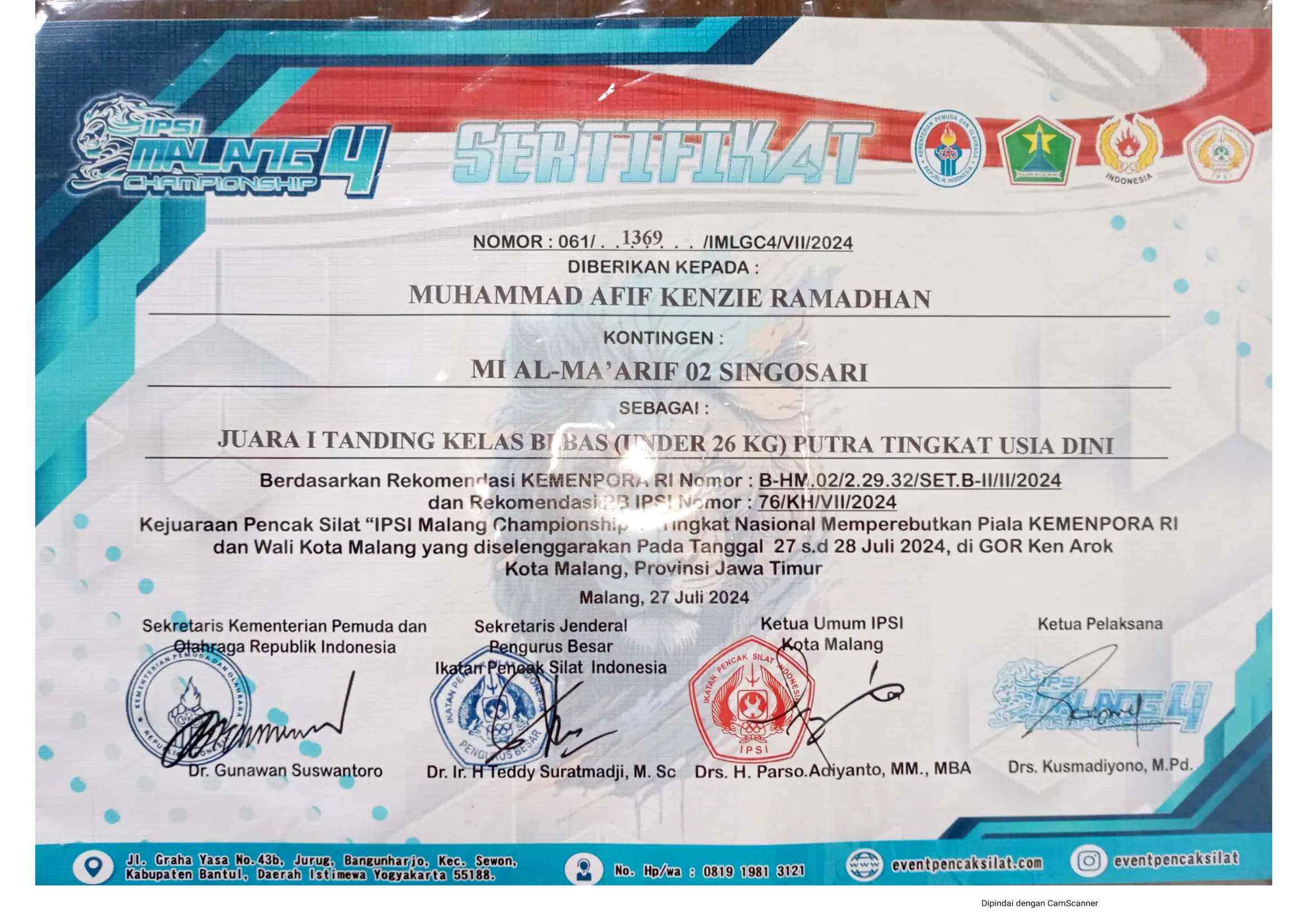 Dokumentasi Prestasi Muhammad Afif Kenzie Ramadhan Pencak Silat