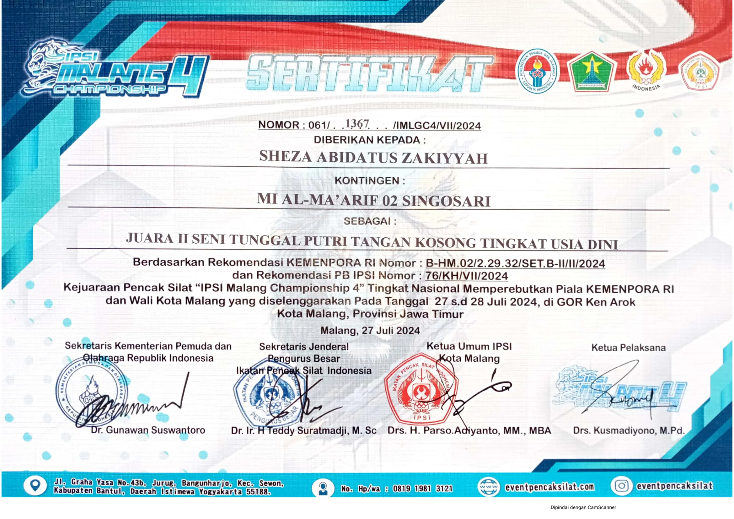 Dokumentasi Prestasi Sheza Abidatus Zakiyyah Pencak Silat