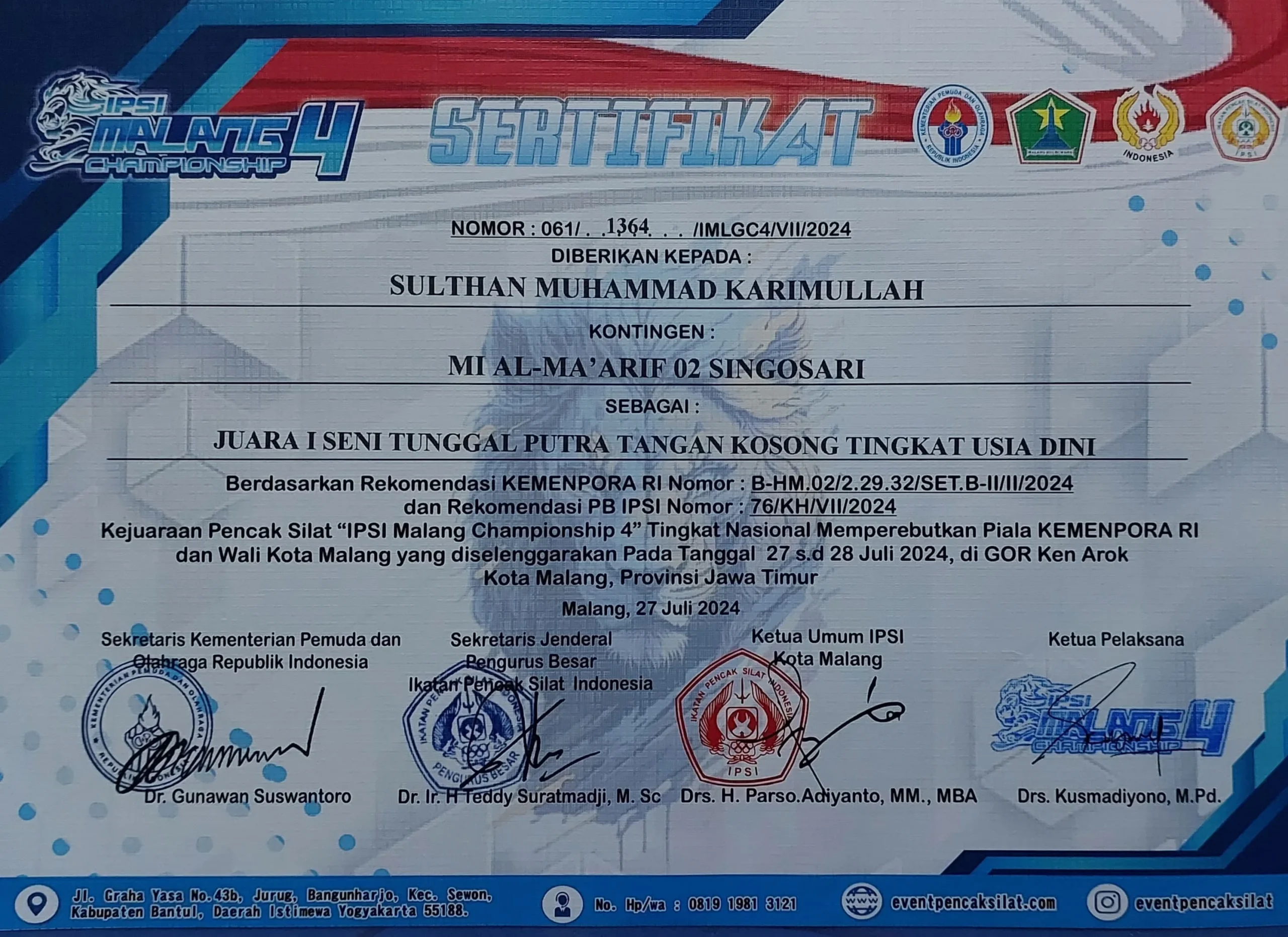 Dokumentasi Prestasi Sulthan Muhammad Karimullah Pencak Silat