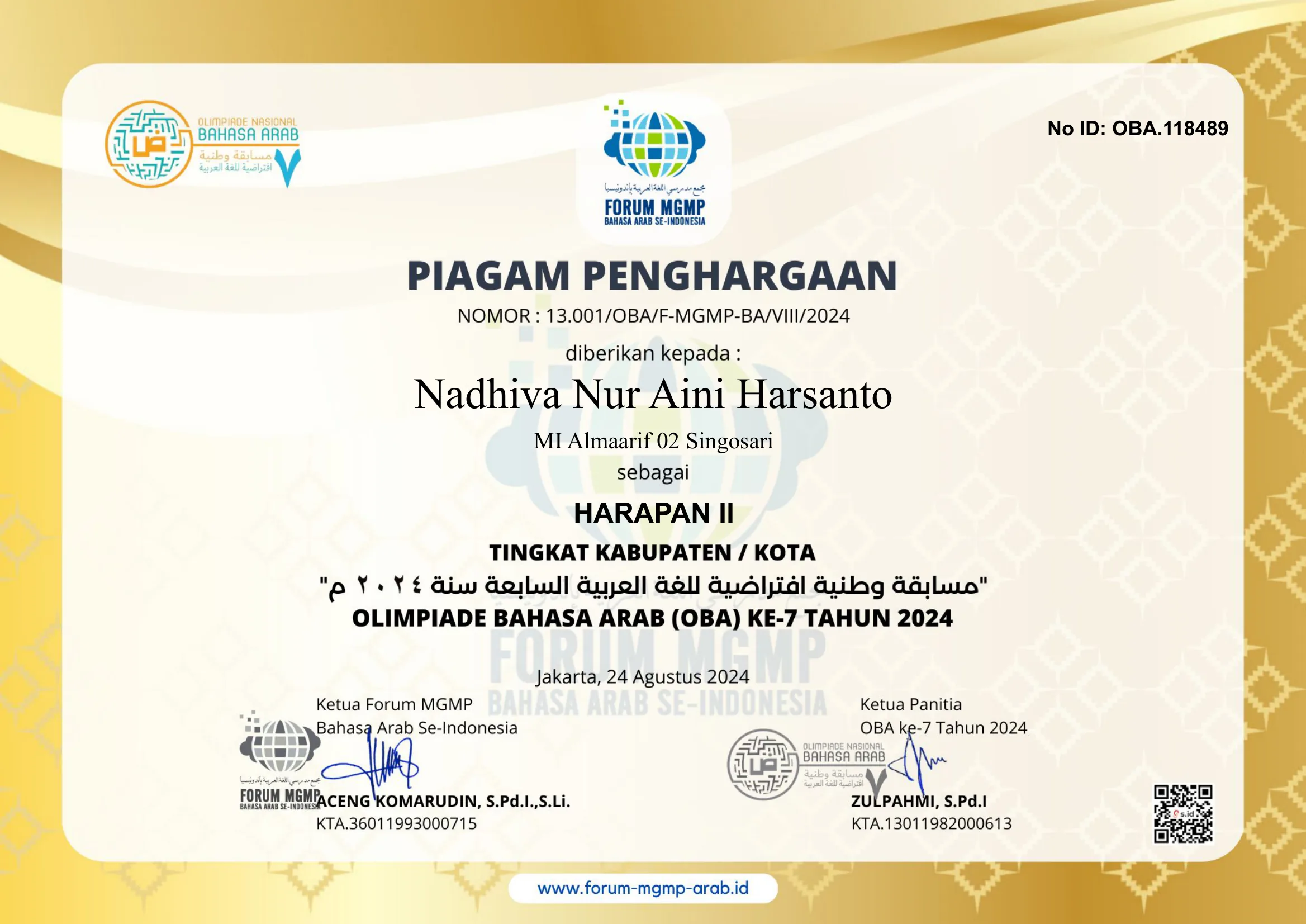 Dokumentasi Prestasi Nadhiva Nur Aini Harsanto Olimpiade Bahasa Arab