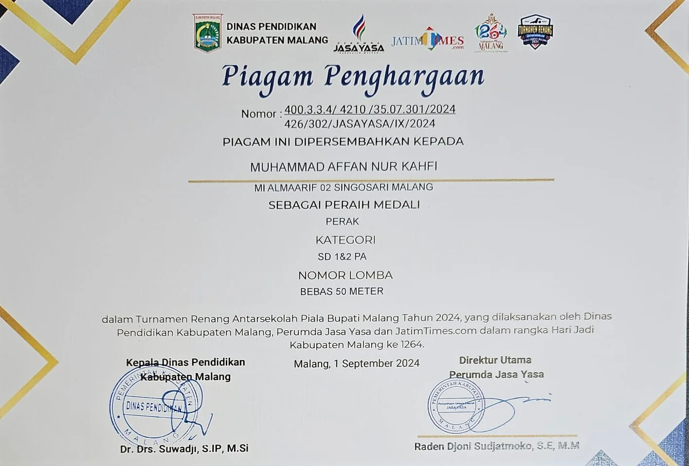 Dokumentasi Prestasi Muhammad Affan Nur Kahfi Renang Gaya Bebas