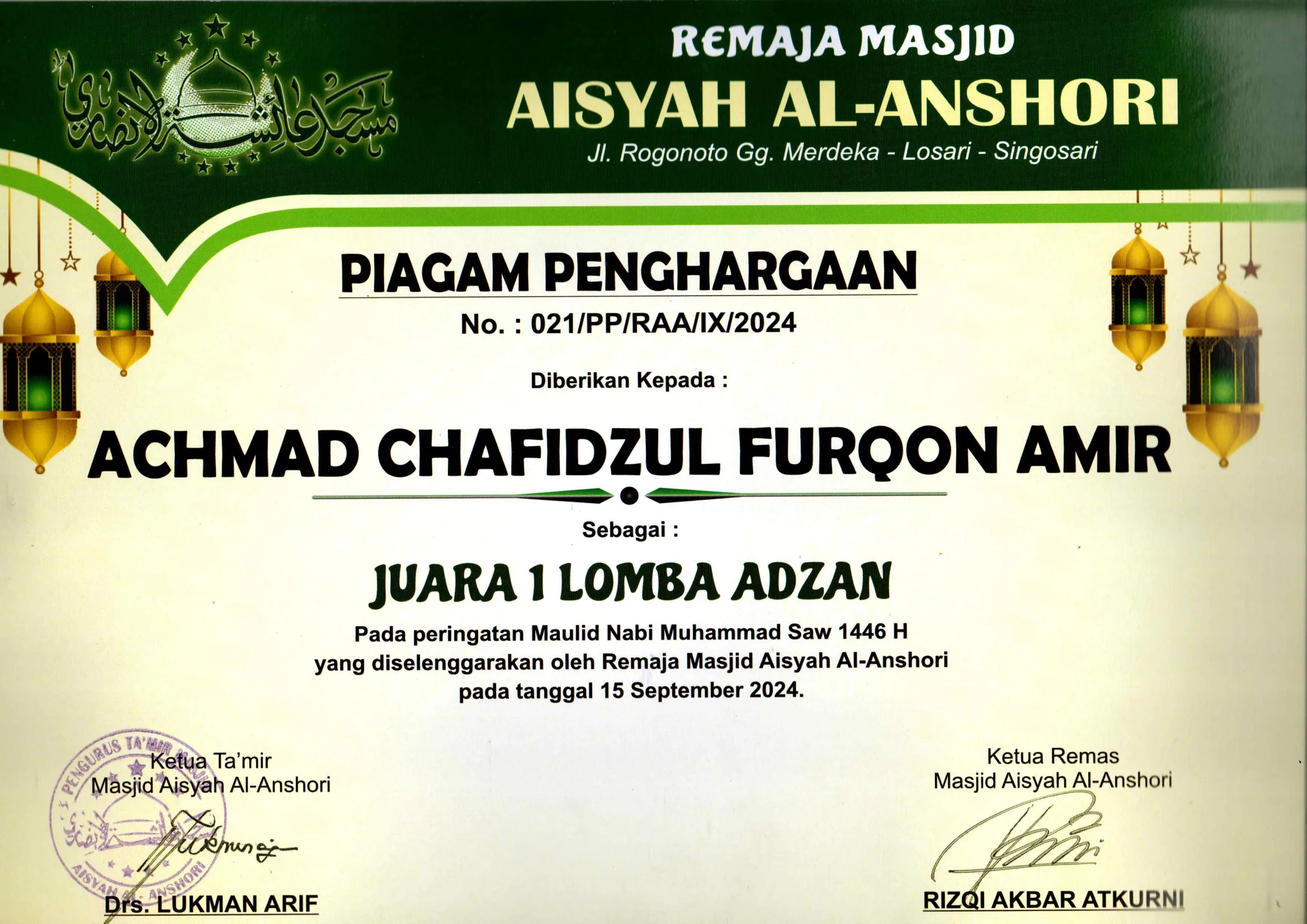 Dokumentasi Prestasi Achmad Chafidzul Furqon Amir Adzan