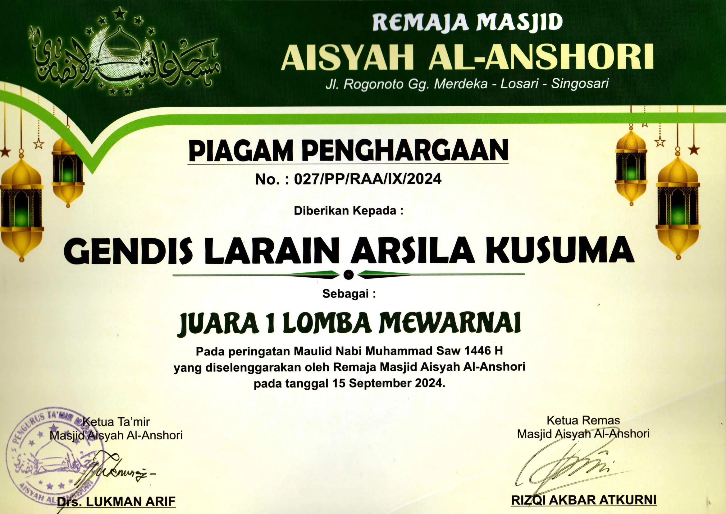 Dokumentasi Prestasi Gendis Lareina Arsyila Kusuma Mewarnai Kaligrafi