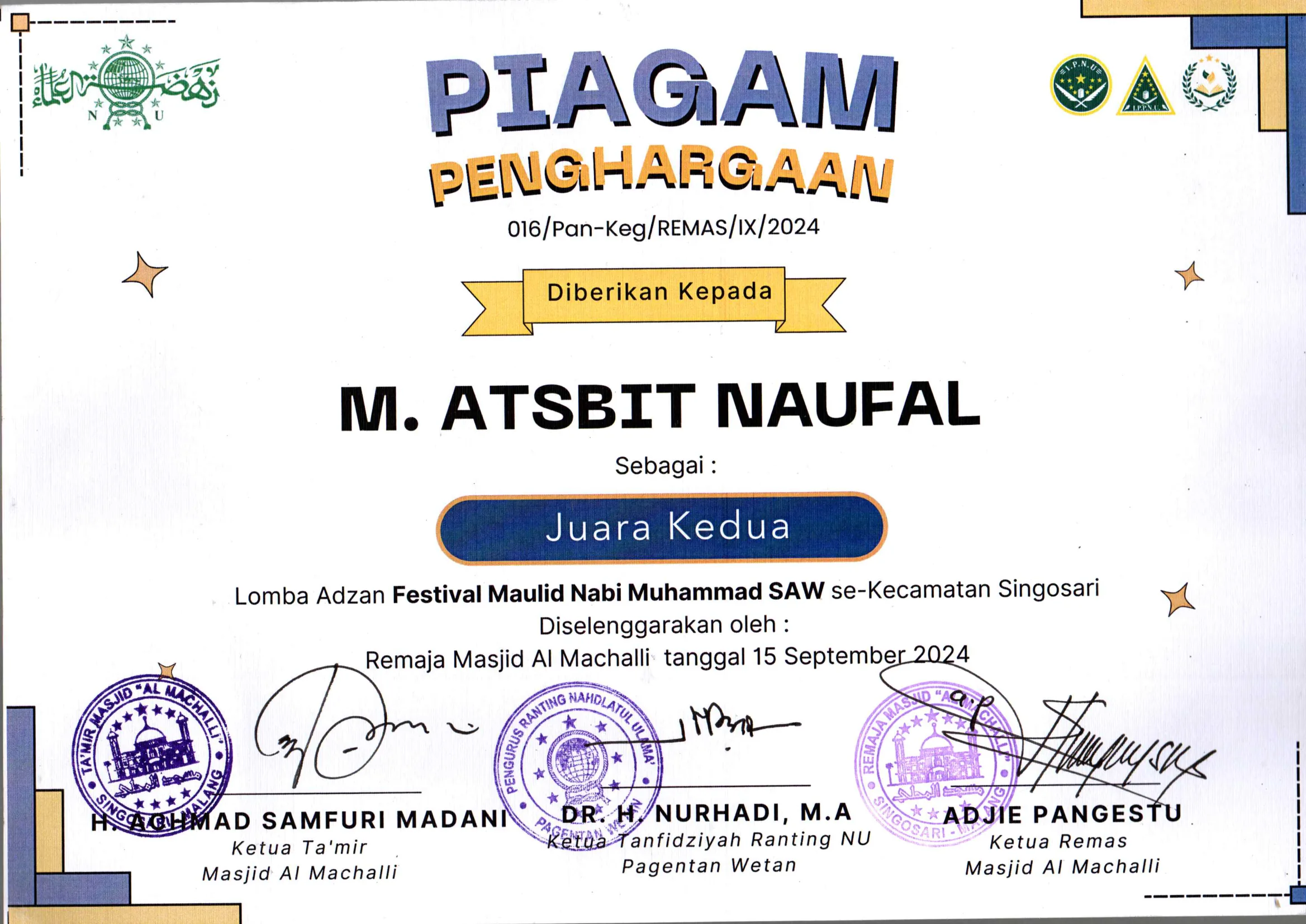 Dokumentasi Prestasi Muhammad Atsbit Naufal Adzan