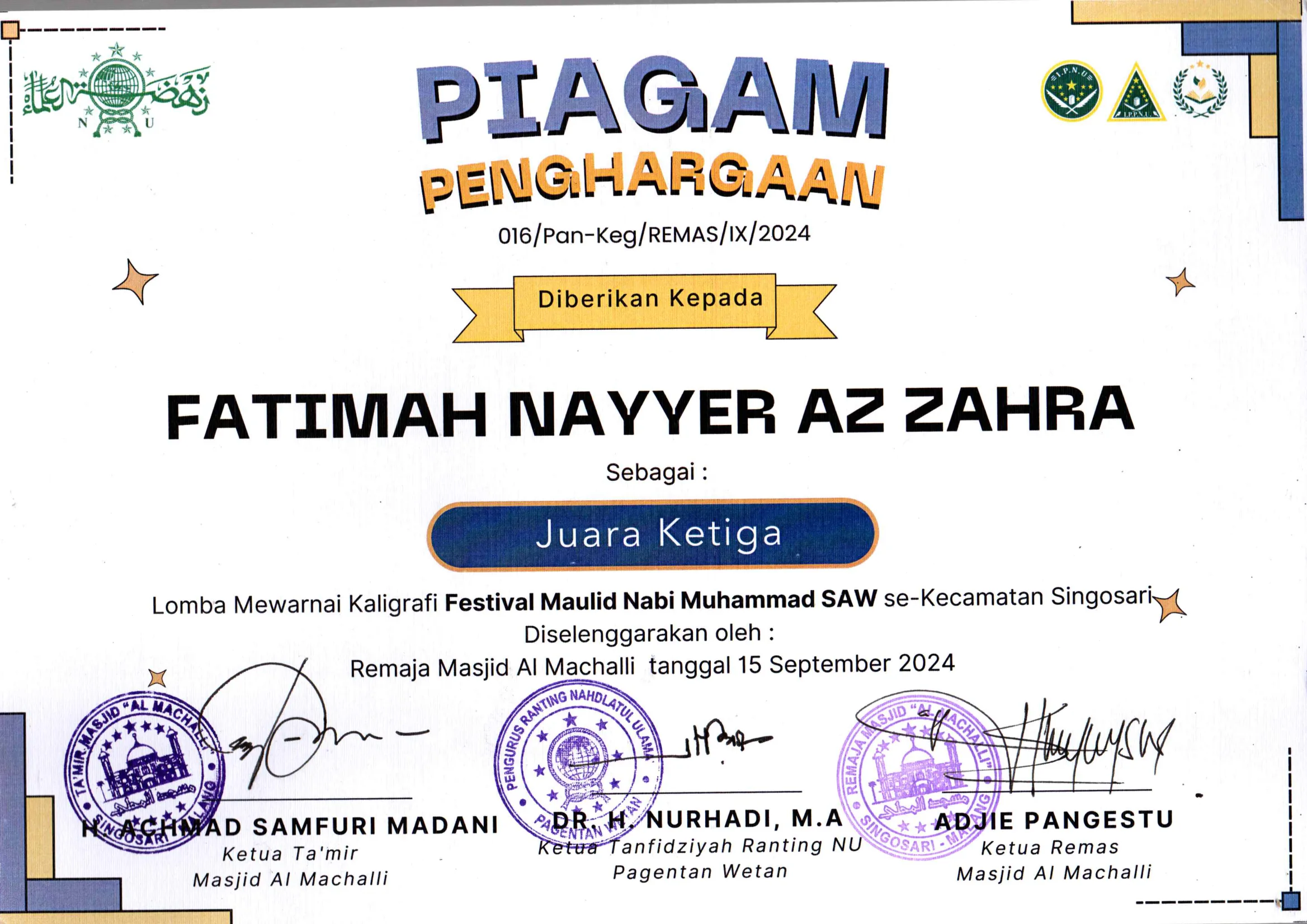 Dokumentasi Prestasi Fatimah Nayyer Azzahra Mewarna Kaligrafi