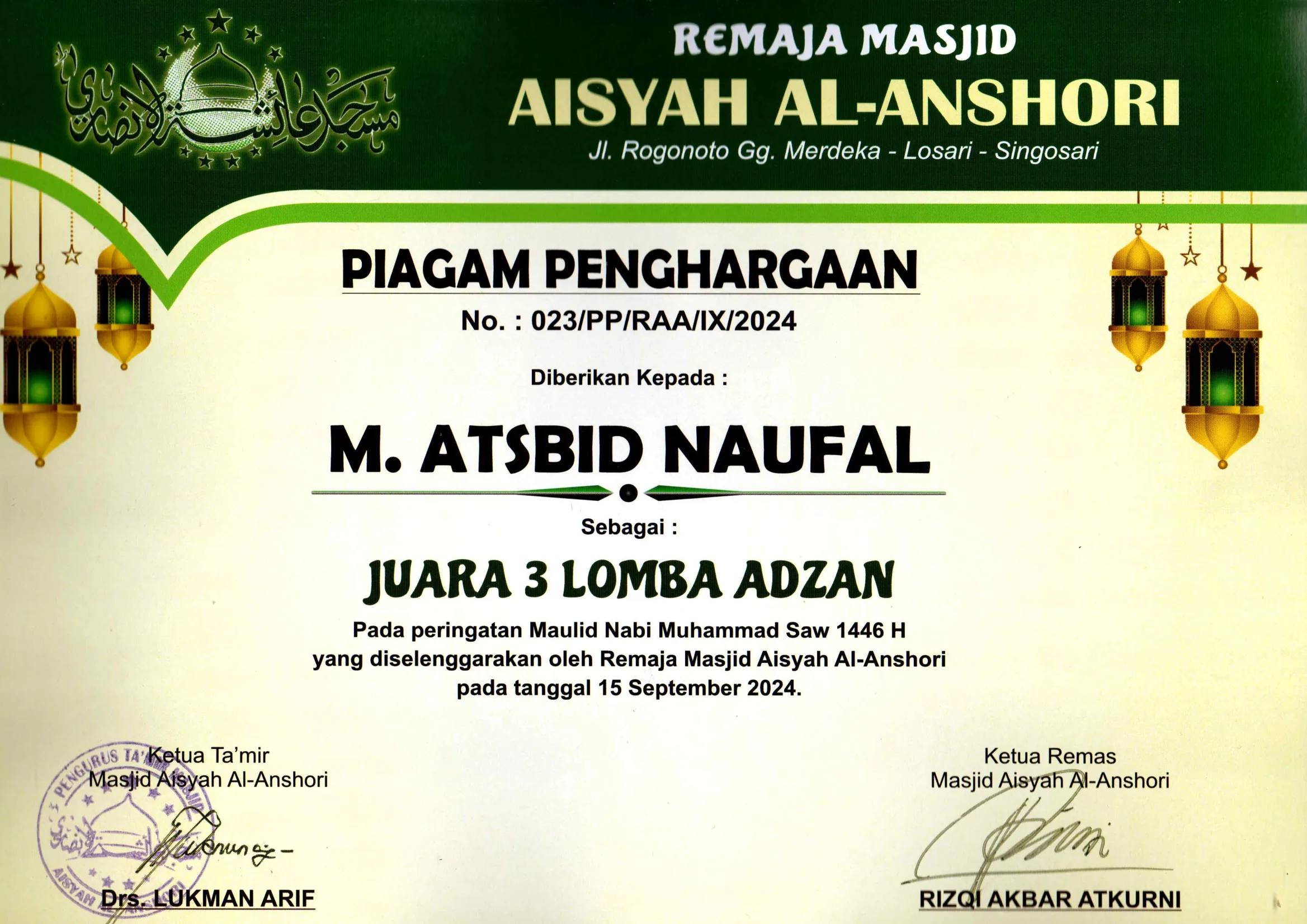 Dokumentasi Prestasi Muhammad Atsbit Naufal Adzan