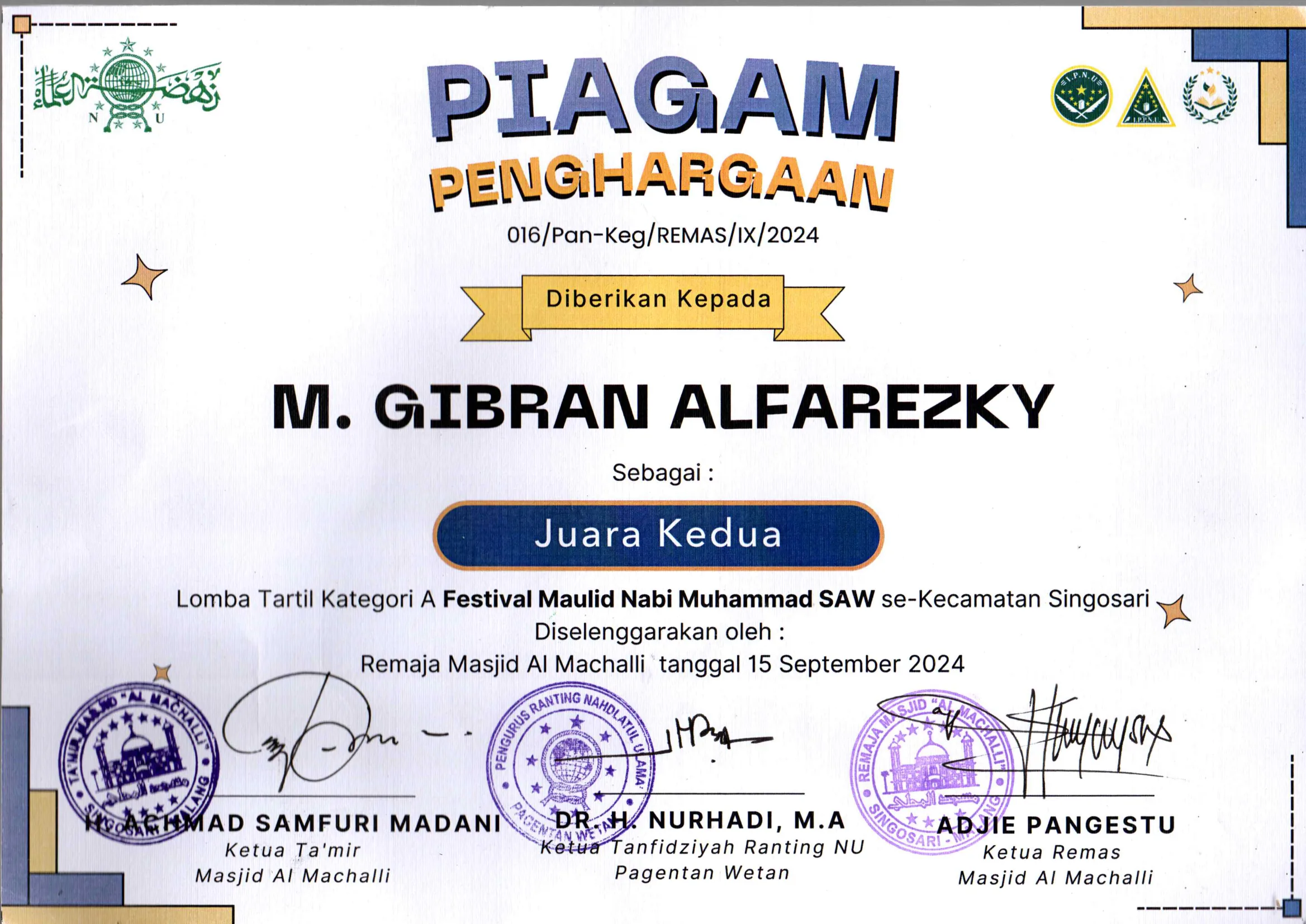 Dokumentasi Prestasi Muhammad Gibran Alfarezky Tartil
