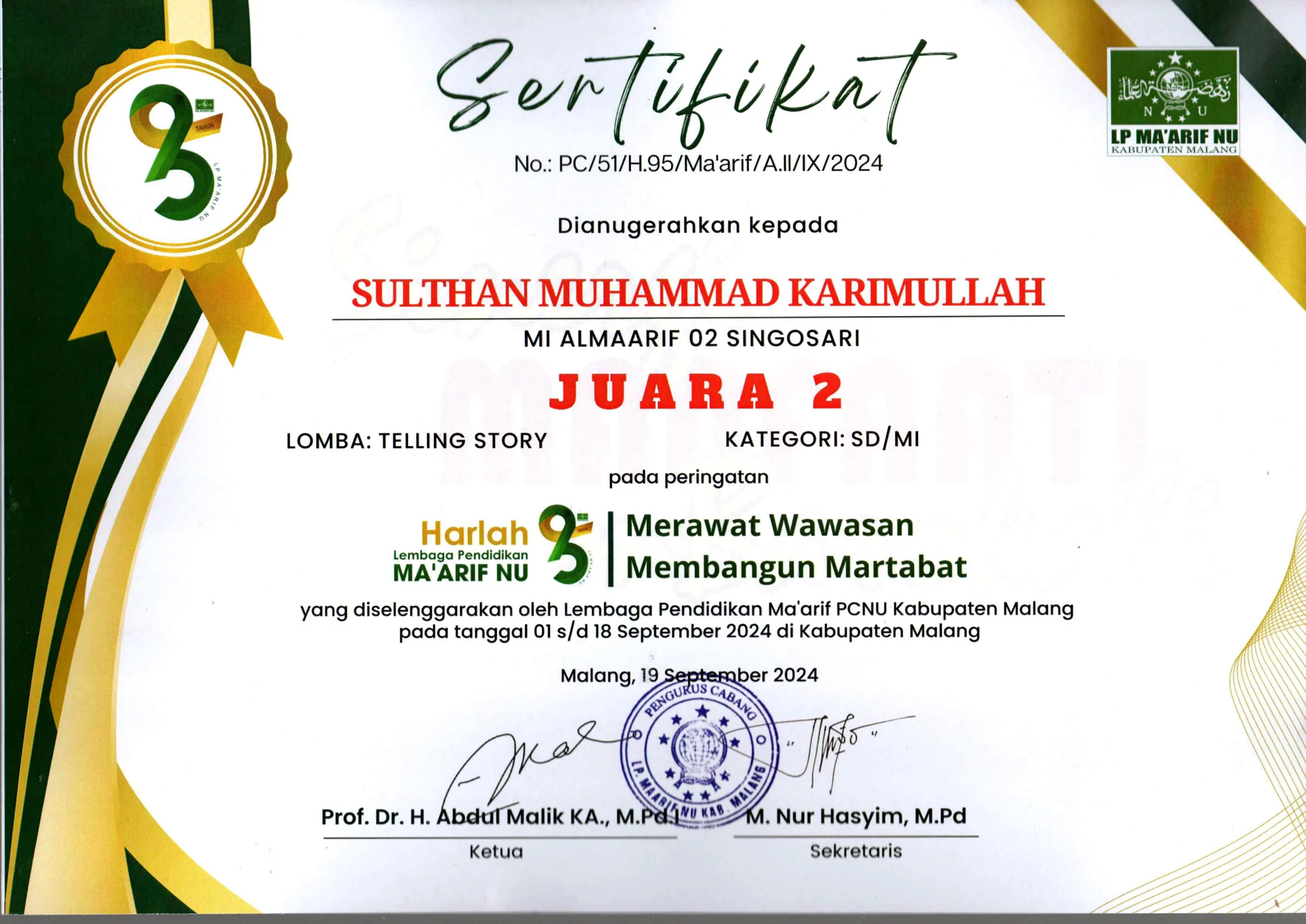 Dokumentasi Prestasi Sulthan Muhammad Karimullah Telling Story