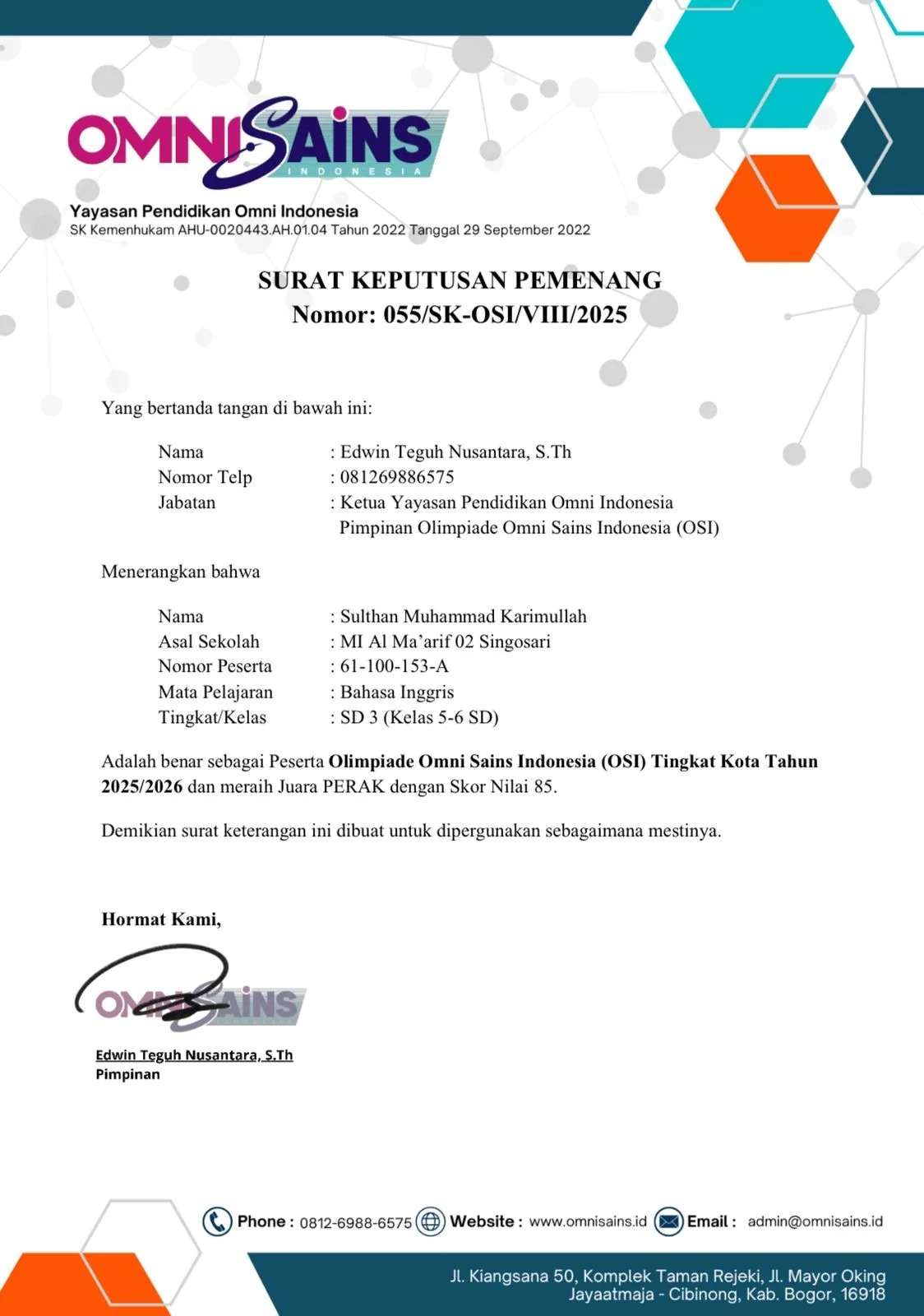 Dokumentasi Piagam Olimpiade Bahasa Inggris Sulthan Muhammad Karimullah