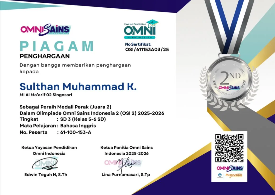 Dokumentasi Piagam Olimpiade Bahasa Inggris Sulthan Muhammad Karimullah