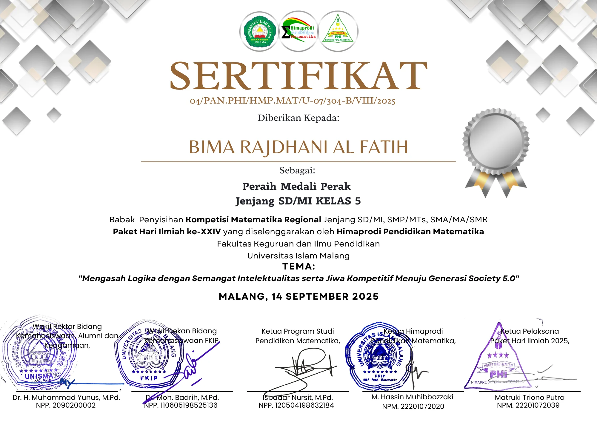 Sertifikat Olimpiade Matematika PHI XXIV UNISMA Bima Rajdhani Al Fatih