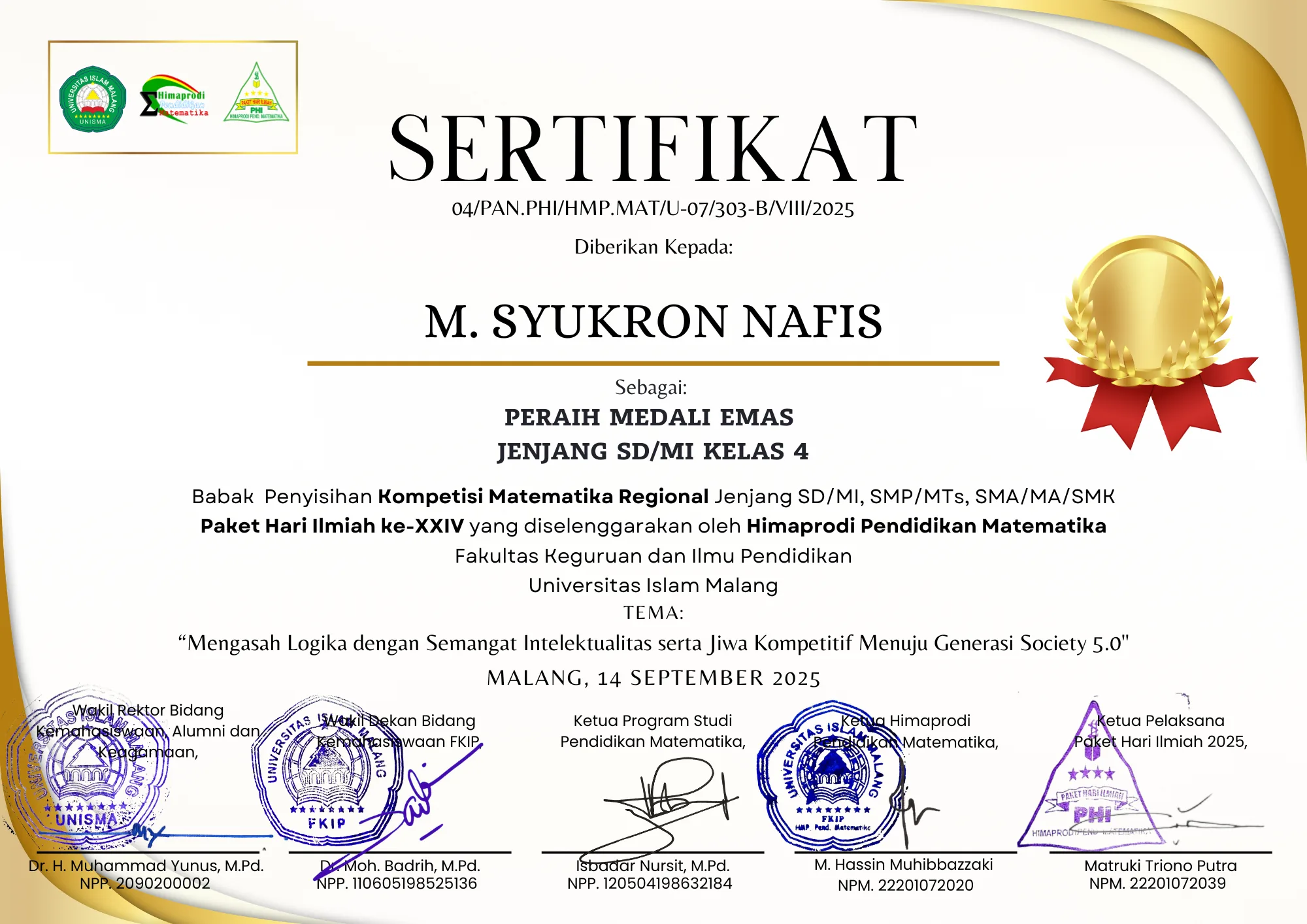 Sertifikat Olimpiade Matematika PHI XXIV UNISMA M.Syukron Nafis