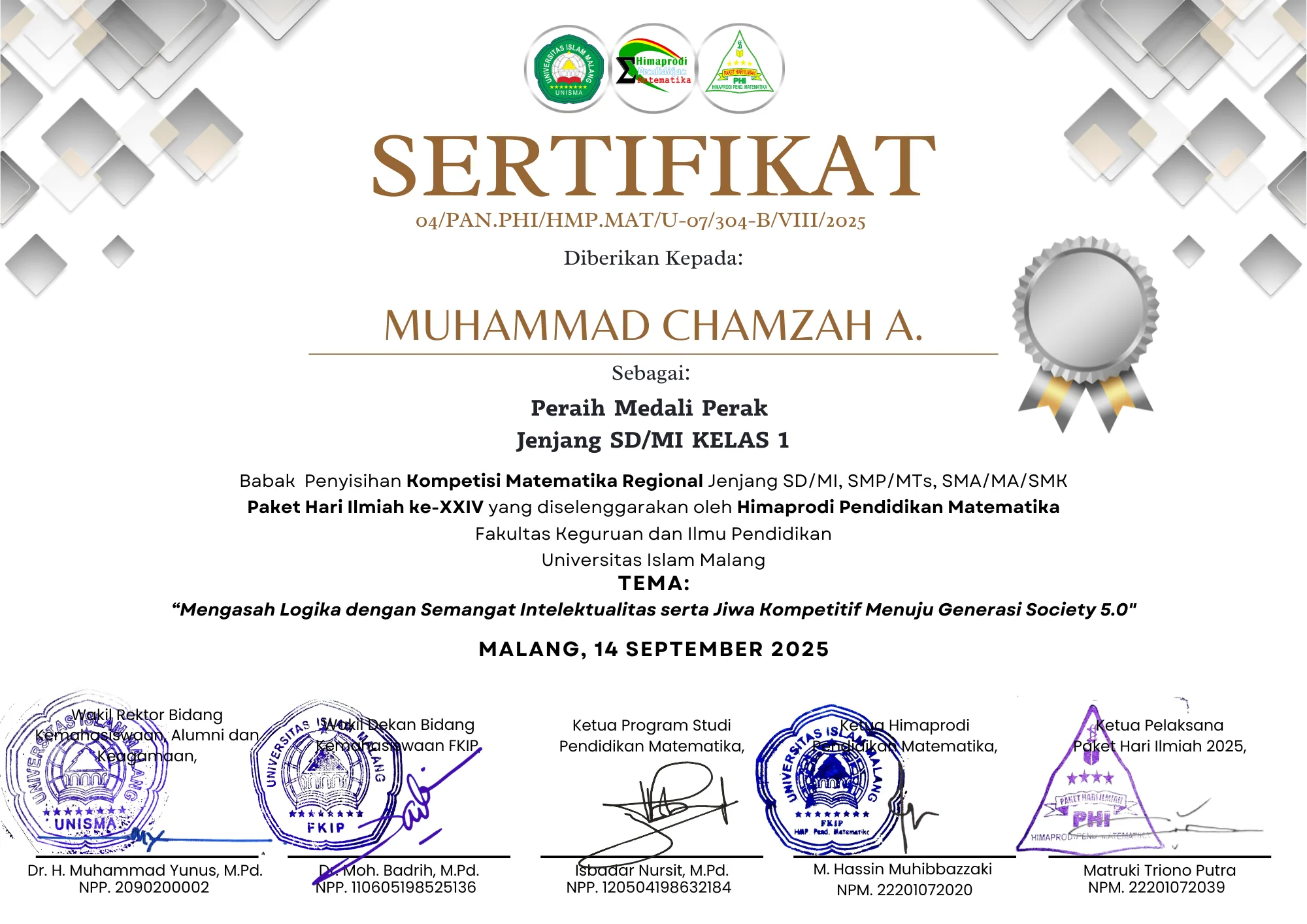 Sertifikat Olimpiade Matematika PHI XXIV UNISMA Muhammad Chamzah Asy'Ari
