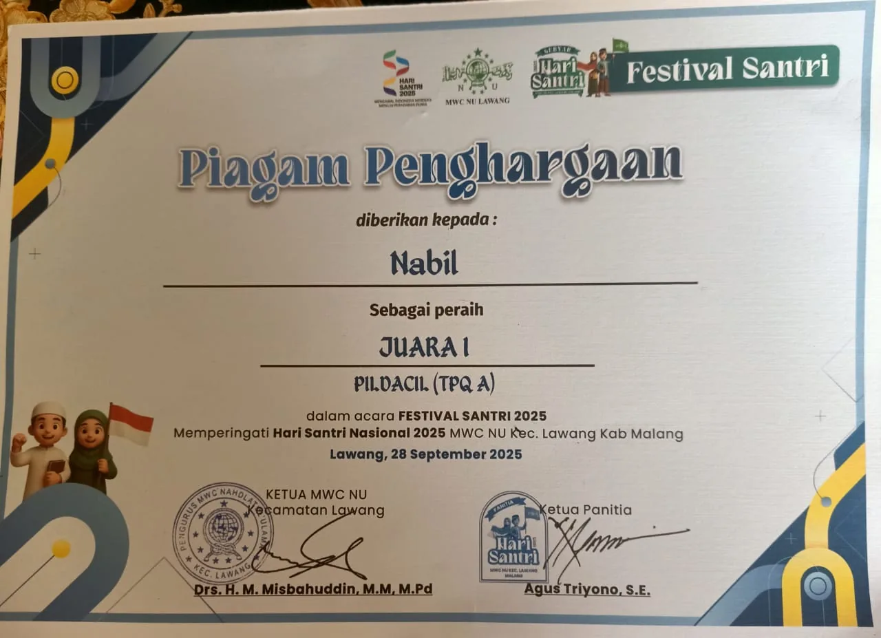 Muhammad Nabil Dendi Juara 1 Pildacil Festival Santri MWC NU Lawang