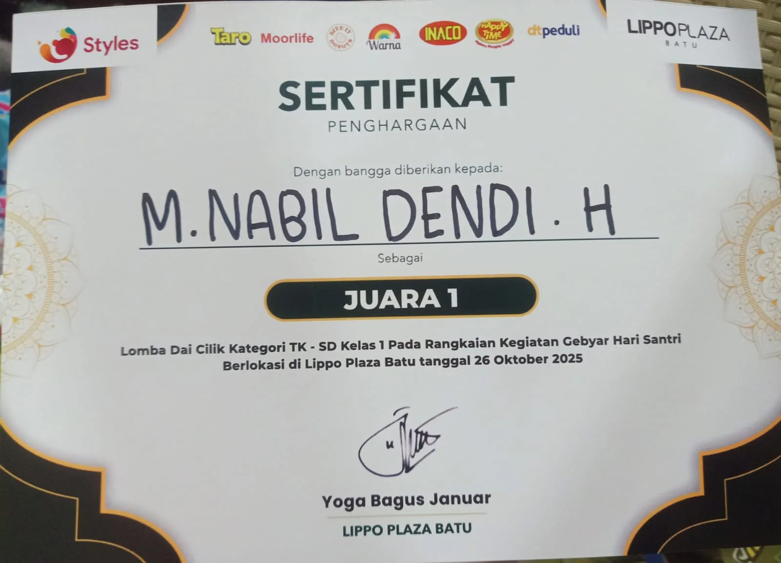 Muhammad Nabil Dendi Juara 1 Dai Cilik Lippo Plaza Batu