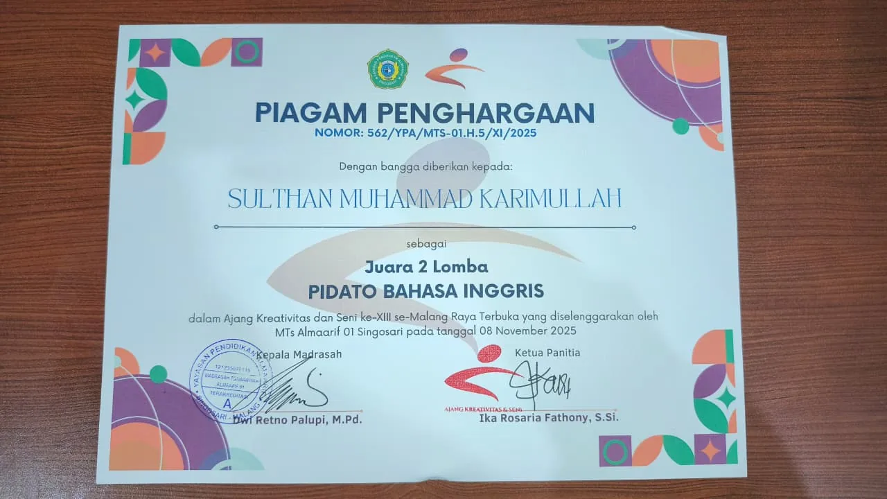 Dokumentasi Prestasi AKSI XIII MTs Almaarif 01 Singosari Sulthan Muhammad Karimullah