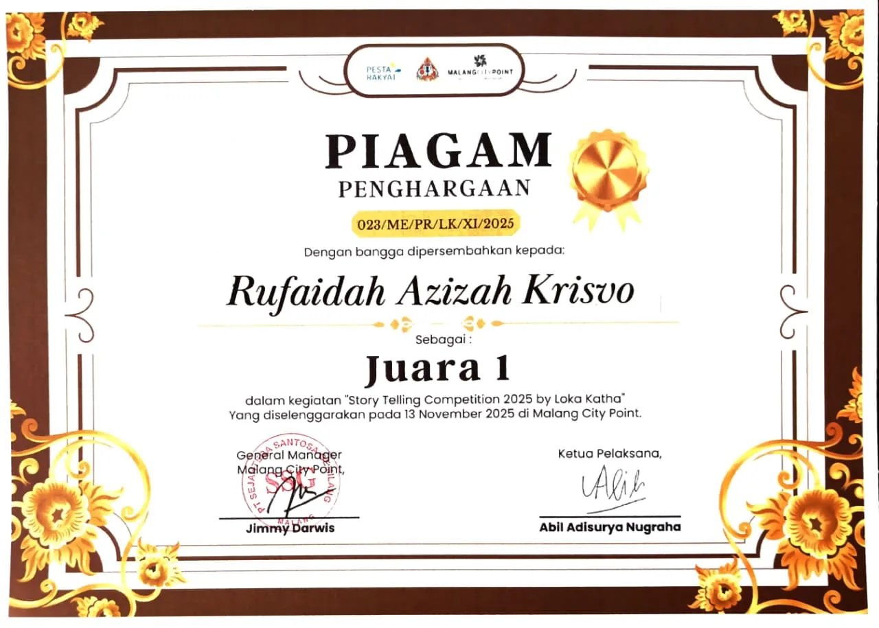 Rufaidah Azizah Krisvio Juara 1 Story Telling Malang City Point