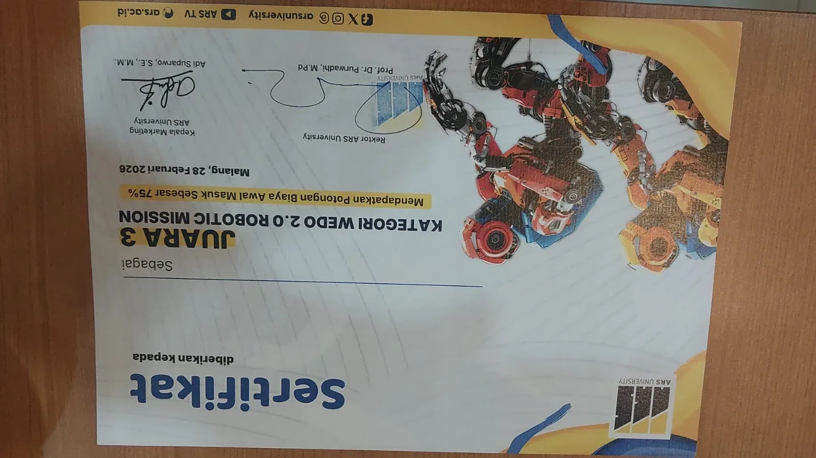 Sertifikat Juara 3 Robotik LP Maarif Muhammad Nashiril Haq