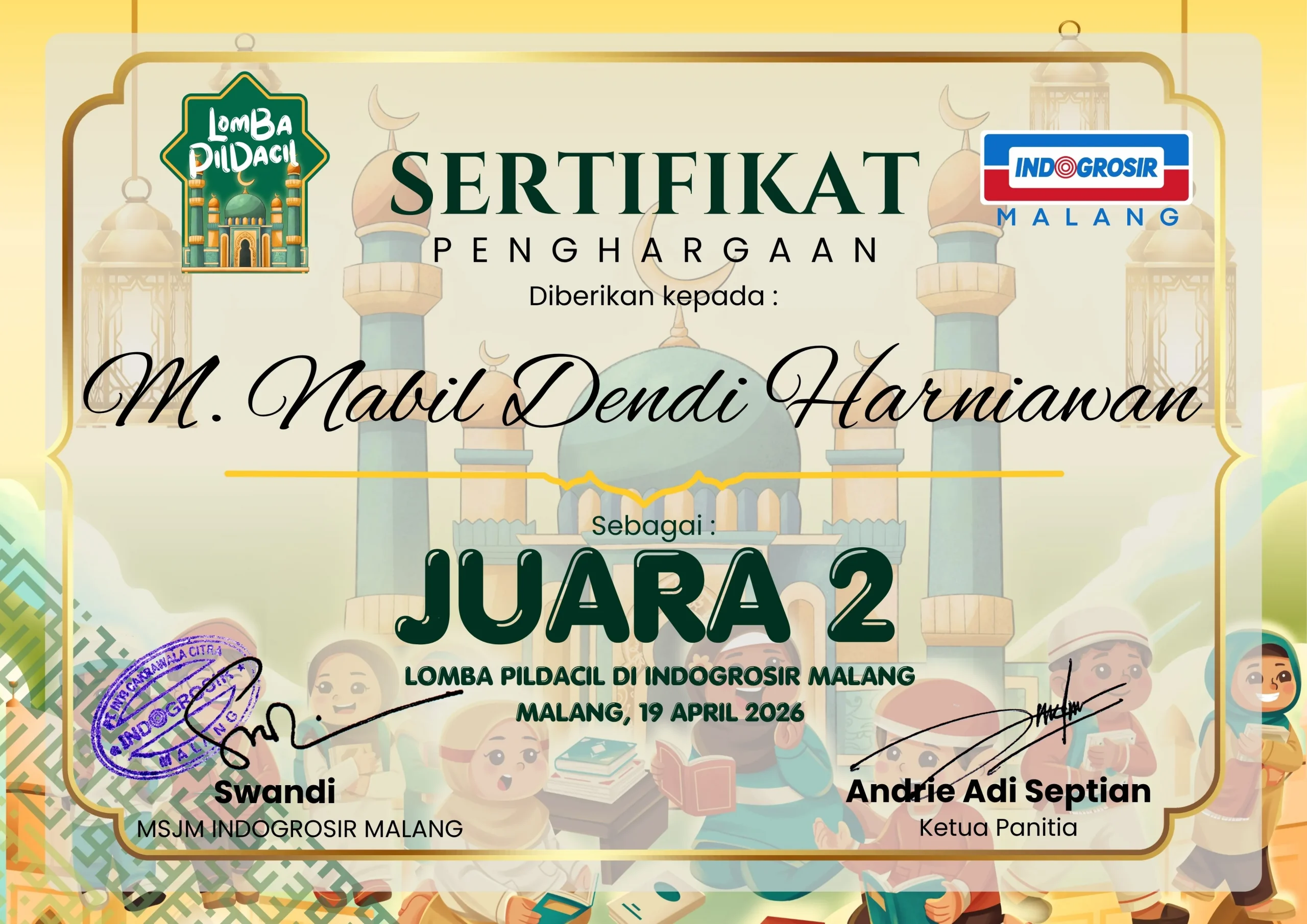 Muhammad Nabil Dendi Harniawan Juara 2 Pildacil Indogrosir Malang