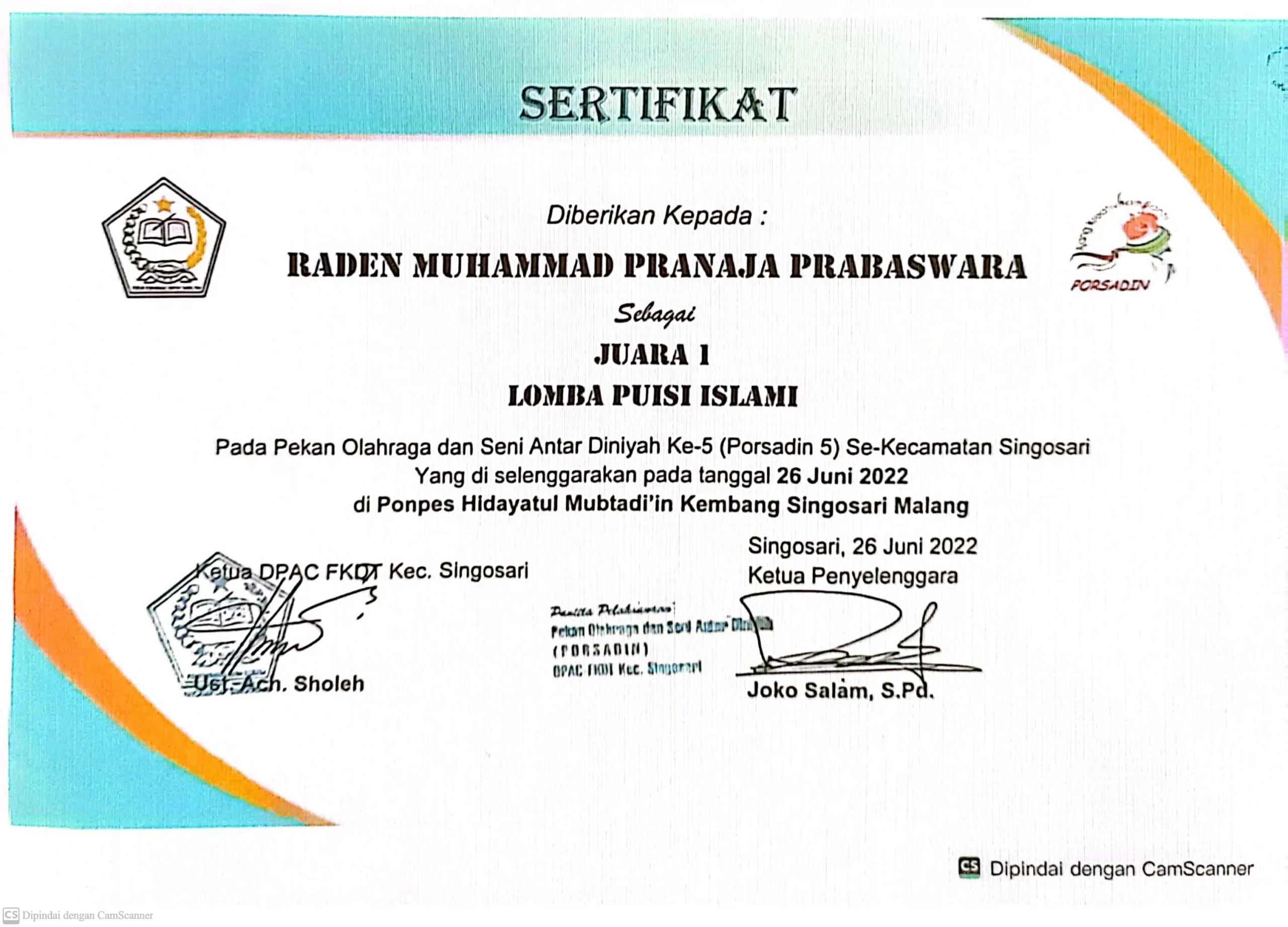 Dokumentasi Prestasi R. Muhammad Pranaja Prabaswara Baca Puisi