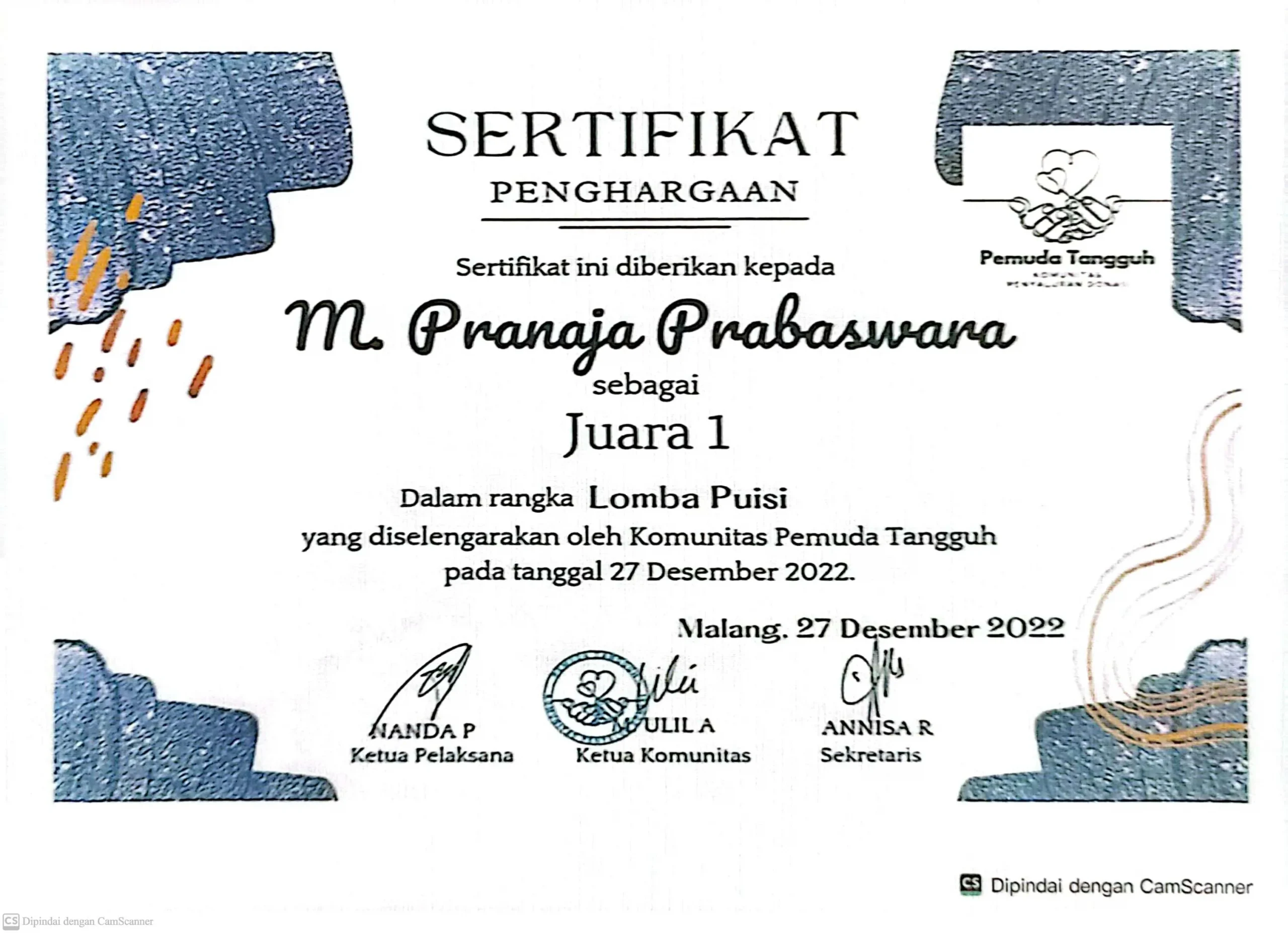 Dokumentasi Prestasi R. Muhammad Pranaja Prabaswara Baca Puisi