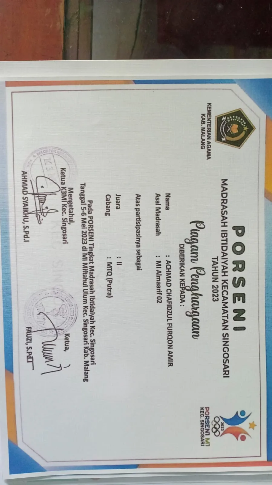 Dokumentasi Prestasi Achmad Chafidzul Furqon Amir Mtq