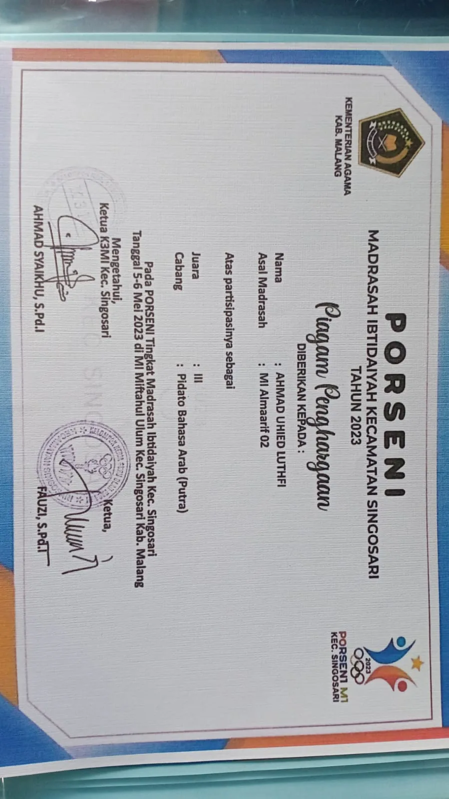 Dokumentasi Prestasi Ahmad Uhied Luthfi Pidato Bahasa Arab