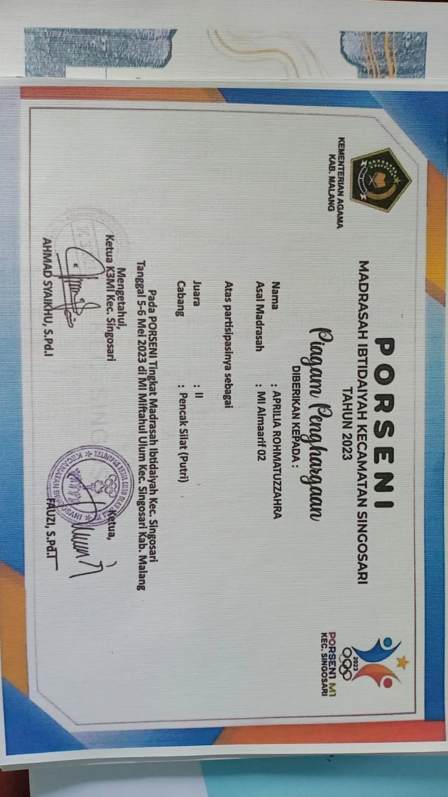 Dokumentasi Prestasi Aprilia Rohmatuzzahra Pencak Silat