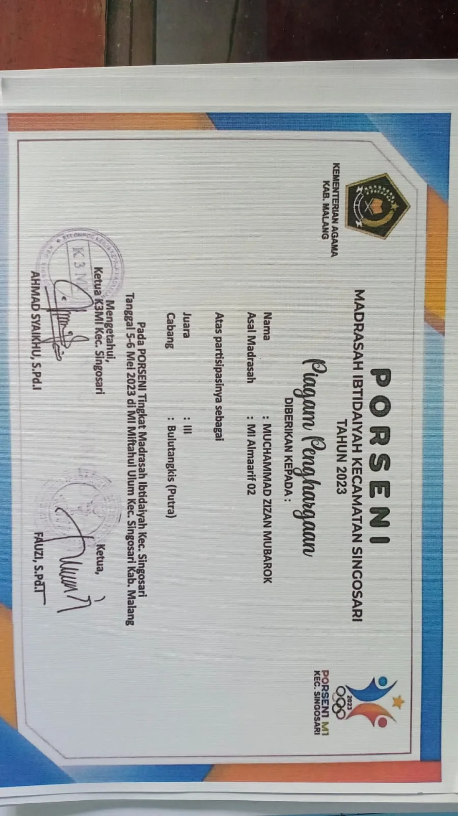 Dokumentasi Prestasi Muchammad Zizan Mubarok Bulutangkis