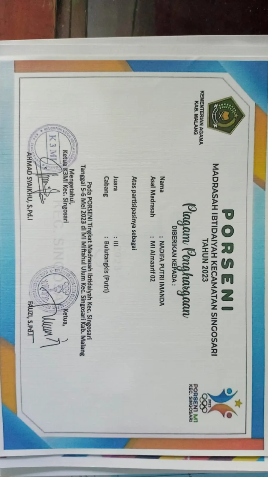 Dokumentasi Prestasi Nadifa Putri Imanda Bulutangkis