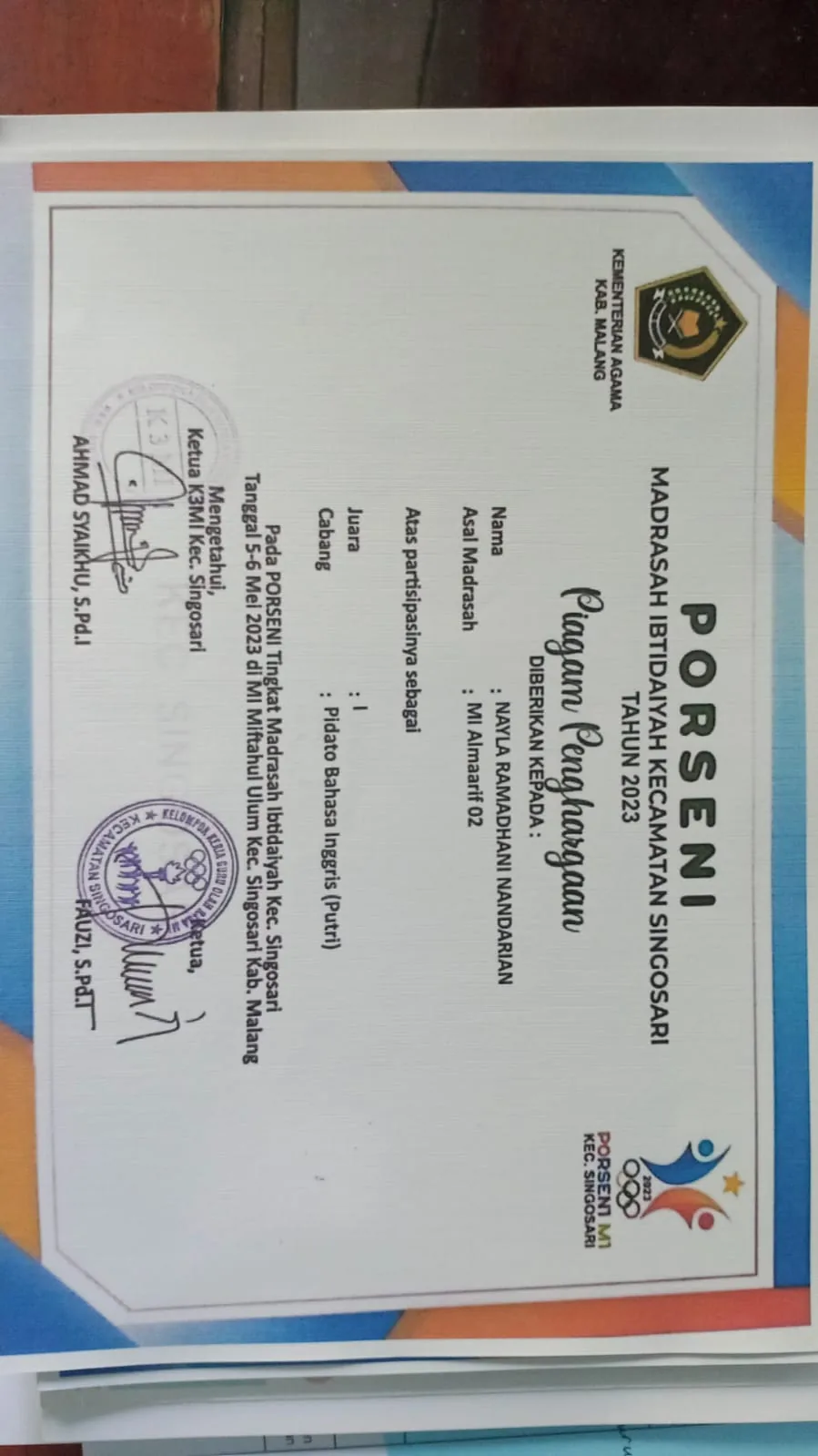 Dokumentasi Prestasi Nayla Ramadhani Nandarian Pidato Bahasa Inggris
