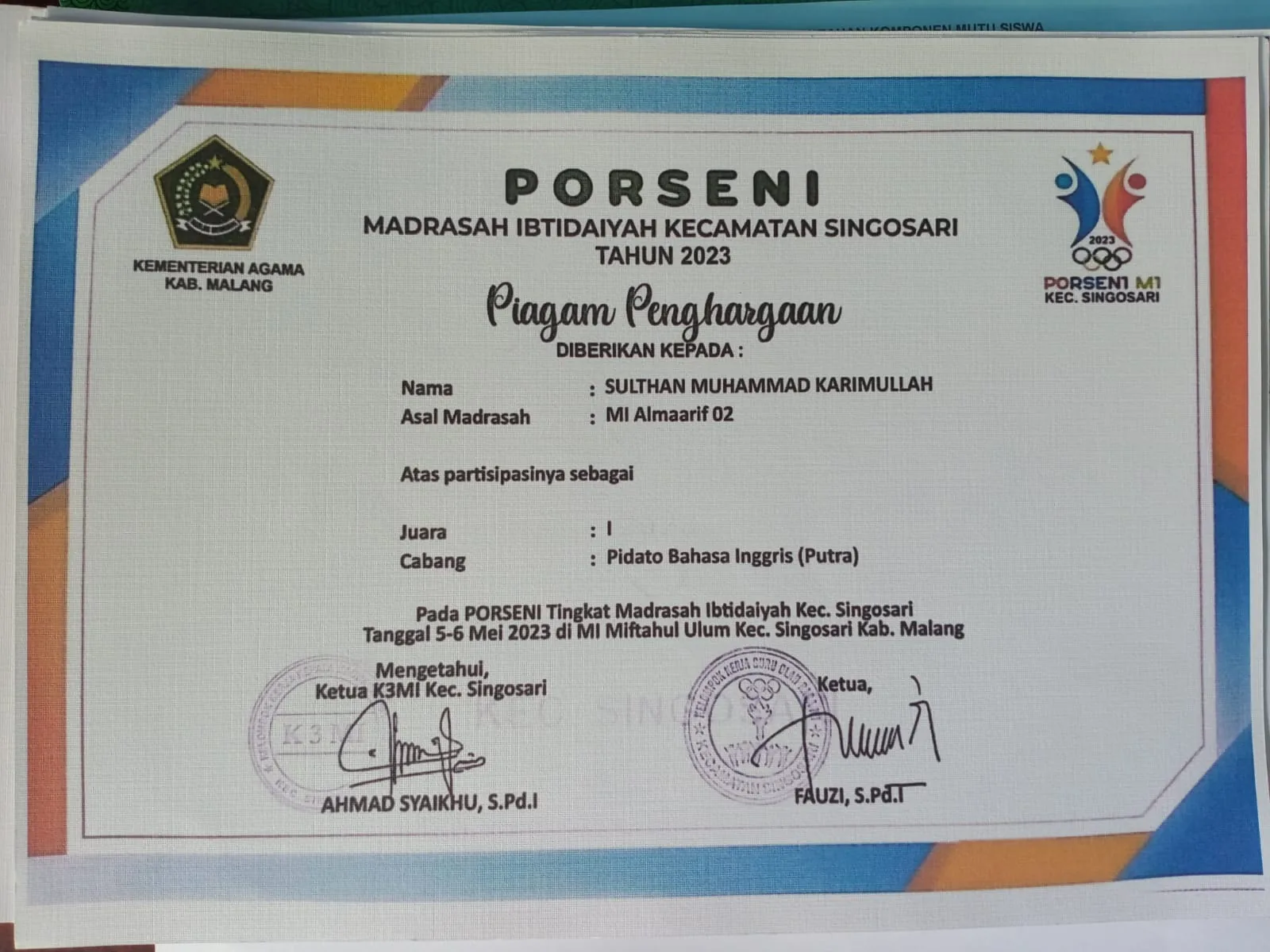 Dokumentasi Prestasi Sulthan Muhammad Karimullah Pidato Bahasa Inggris