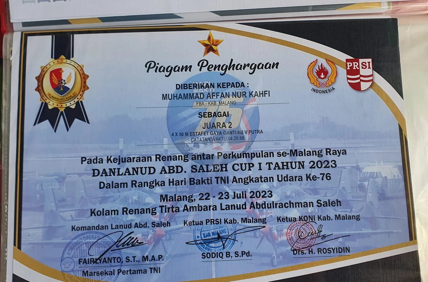 Dokumentasi Prestasi Muhammad Affan Nur Kahfi Renang