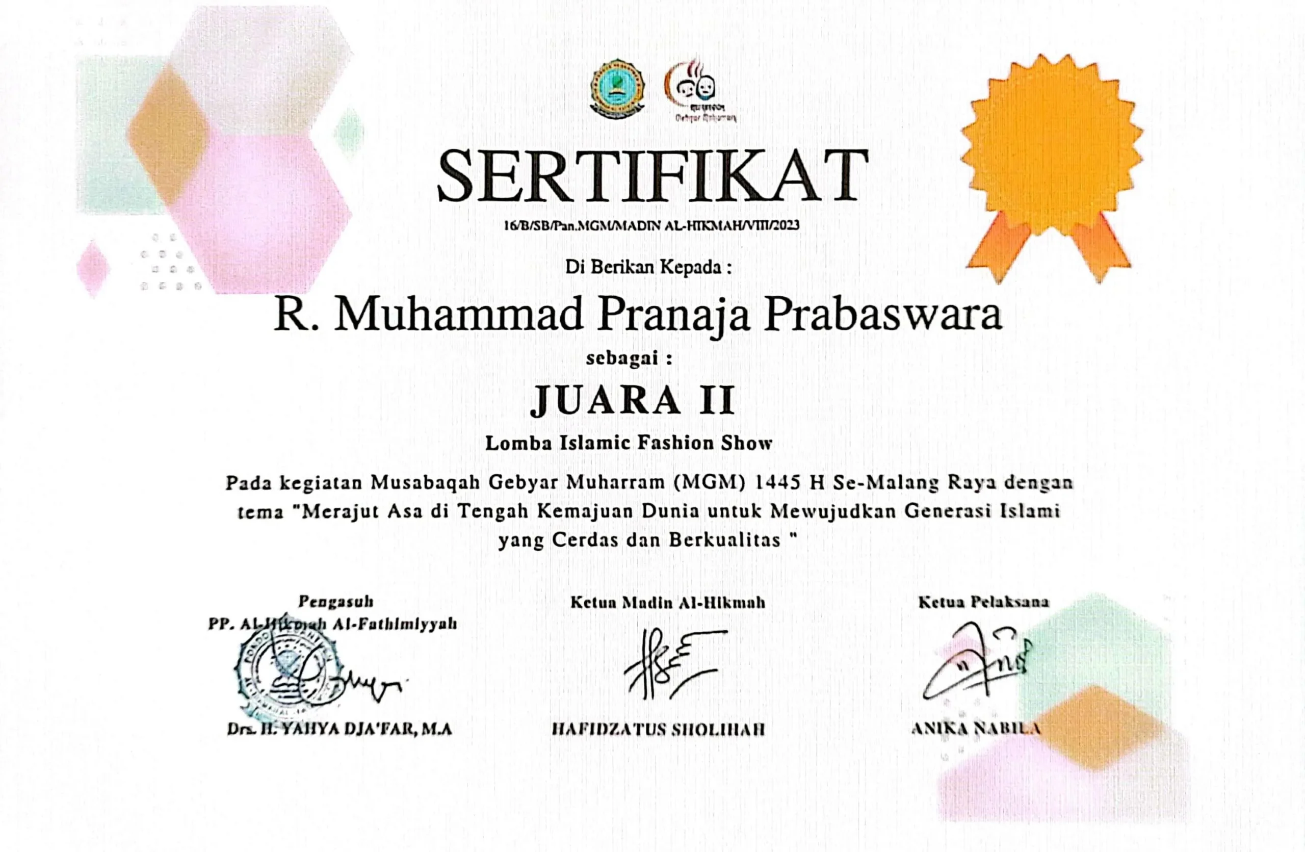 Dokumentasi Prestasi R. Muhammad Pranaja Prabaswara Islamic Fashion Show
